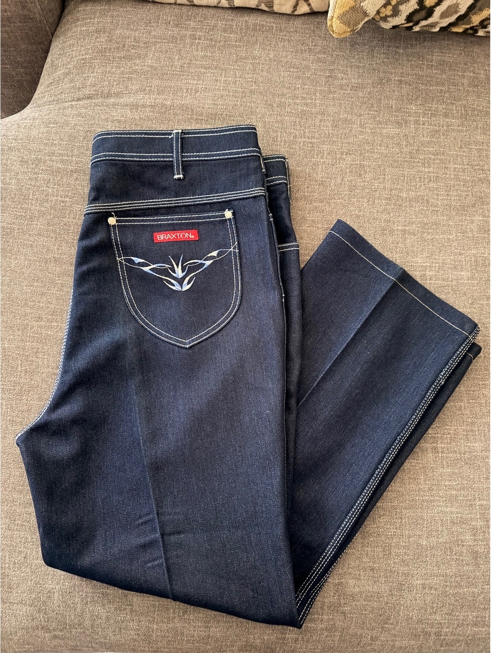Vintage Braxton Stretch Jeans Tagged 40 L Dark Wash Embroidered Western Denim